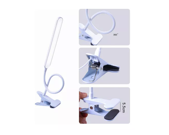 Lámpara Led Flexible Con Pinza Luz Regulable Para Lectura (Blanco / Negro)
