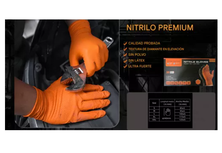 Guantes Bienok Negro / Naranja Diamantado 8.0 Grs Profesional 50 Uni
