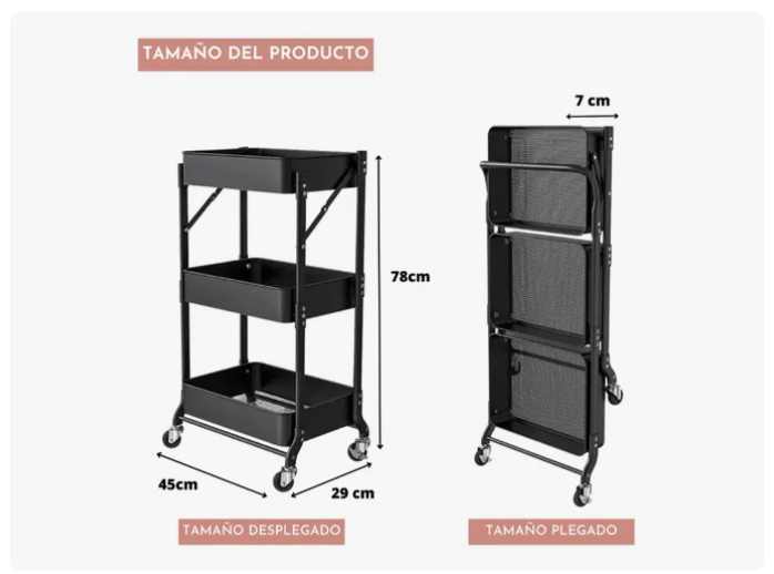 Organizador Carro Plegable Multiuso De 3 Niveles Con Ruedas