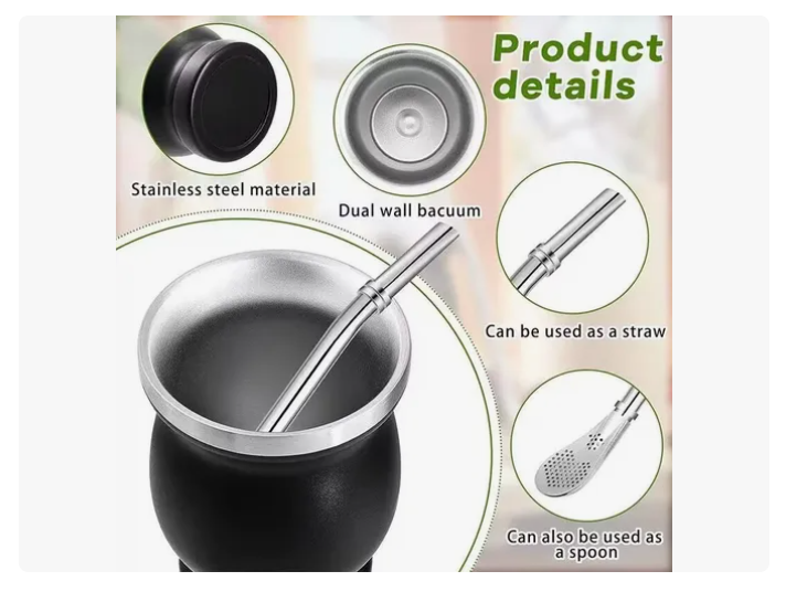 Taza De Con Bombilla Y Cepillos Set Acero Inoxidable 260ml