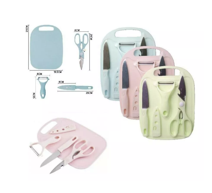 Set De 4 Piezas Tabla,tijera, Pelapapas Y Cuchillo Cerámico