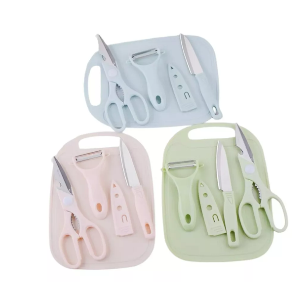 Set De 4 Piezas Tabla,tijera, Pelapapas Y Cuchillo Cerámico