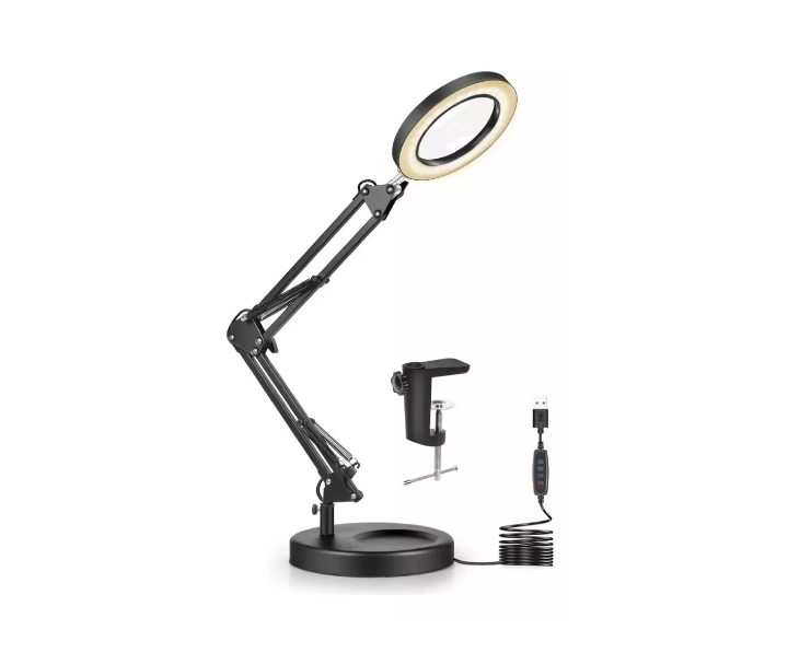 Lámpara Lupa De Aumento Lente Circular Luz Led Soporte 2en1