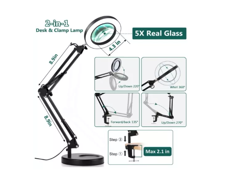 Lámpara Lupa De Aumento Lente Circular Luz Led Soporte 2en1
