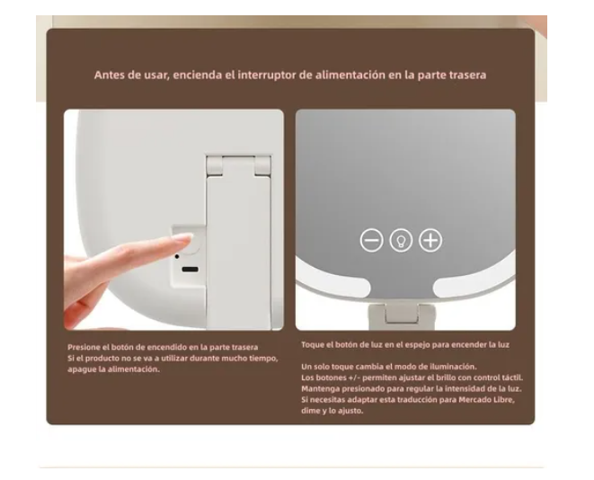 Espejo Tactil Portatil Para Maquillaje Con Luz Led