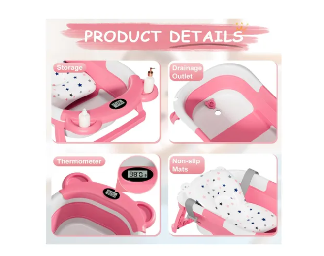 Bañera Tina Baño Bebe Plegable Portátil Con Cojín Termometro