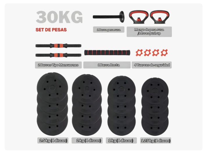 Set Mancuernas Barra Rusa Ajustables 30 Kg 4 En 1