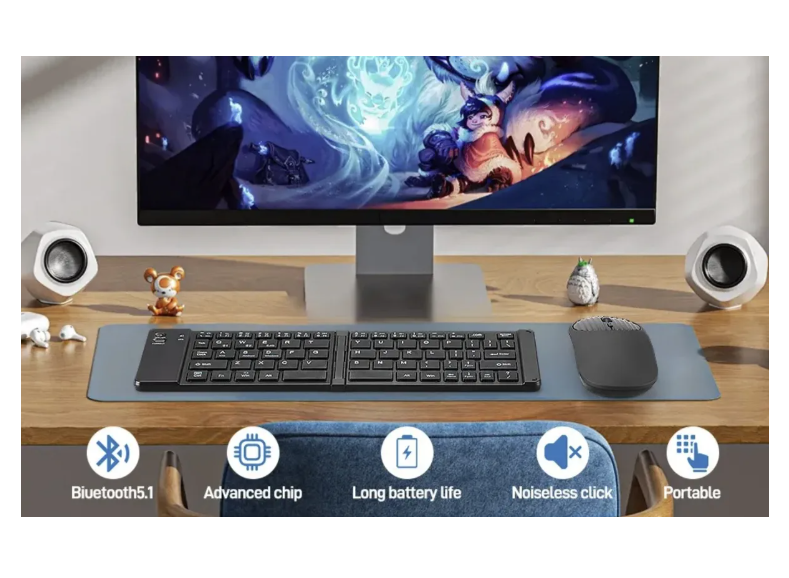 Set Teclado Portátil Bluetooth Plegable Y Mouse Inalámbrico