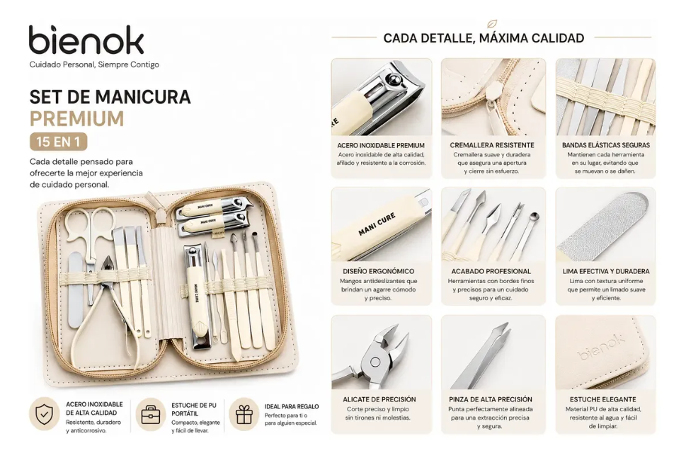 Kit Manicure Pedicure Profesional 15 En 1 Acero Inoxidable