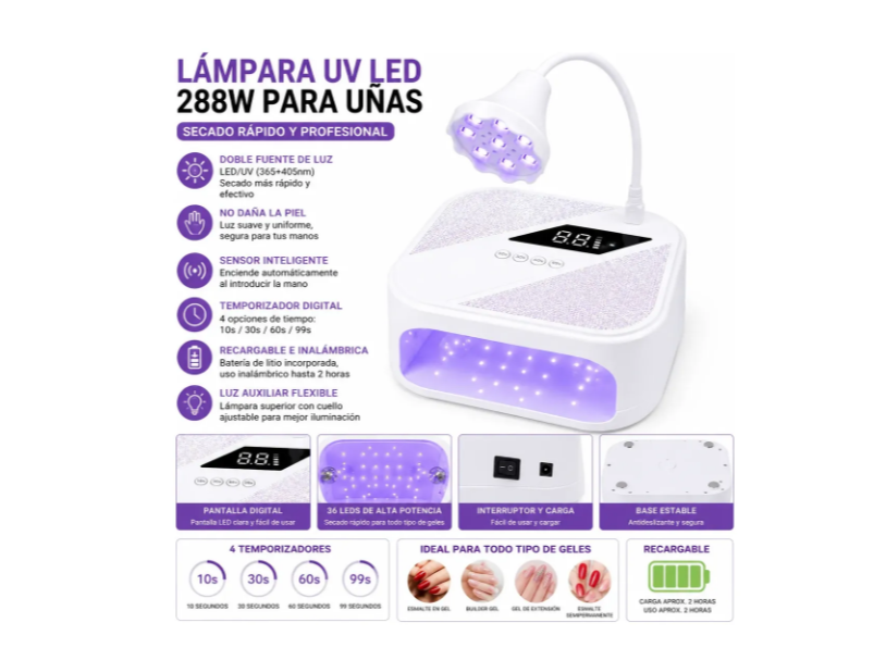 Lámpara Uv Led 288w Recargable Para Uñas Con Luz Flexible