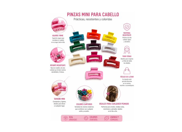 Caja X 24 Ganchos Mini Para Cabello Colores Surtidos