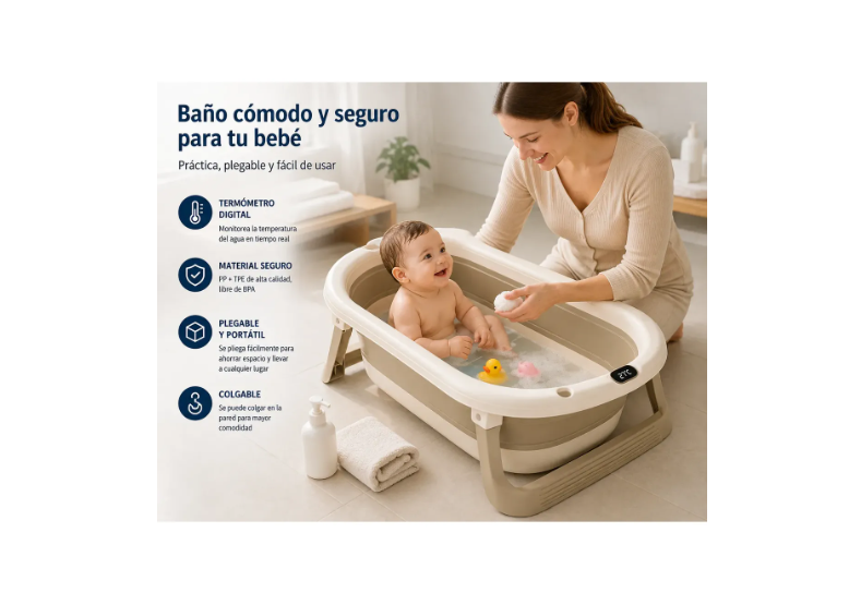 Tina Bañera Plegable Para Bebé Con Termómetro Y Cojín