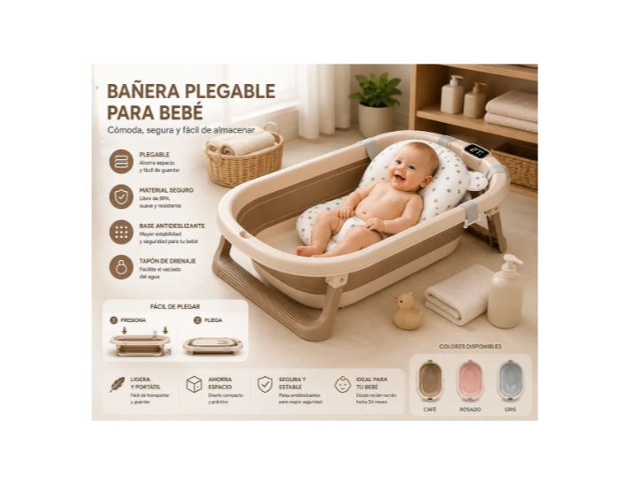 Tina Bañera Plegable Para Bebé Con Termómetro Y Cojín