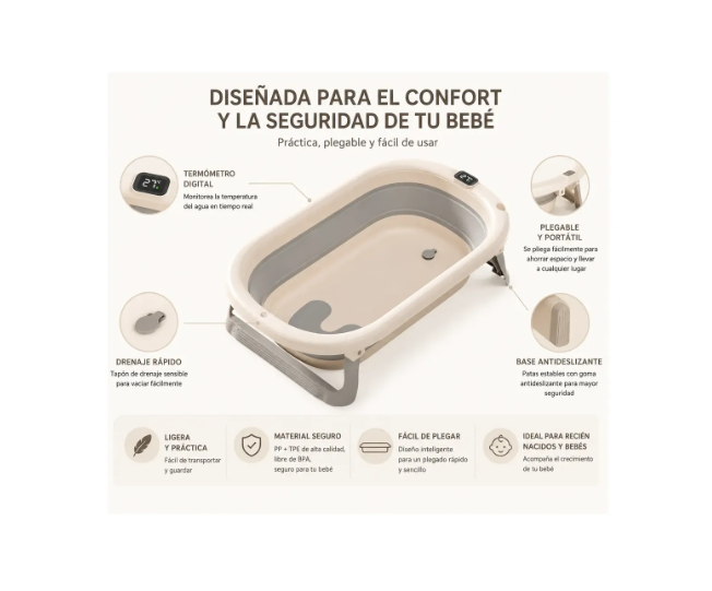 Tina Bañera Plegable Para Bebé Con Termómetro Y Cojín