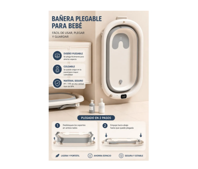 Tina Bañera Plegable Para Bebé Con Termómetro Y Cojín
