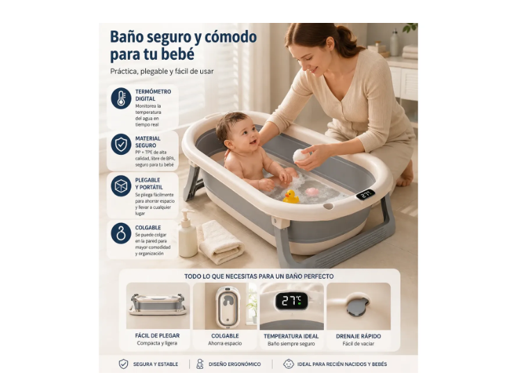 Tina Bañera Plegable Para Bebé Con Termómetro Y Cojín