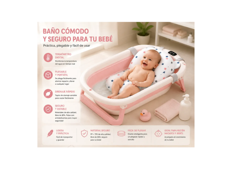 Tina Bañera Plegable Para Bebé Con Termómetro Y Cojín