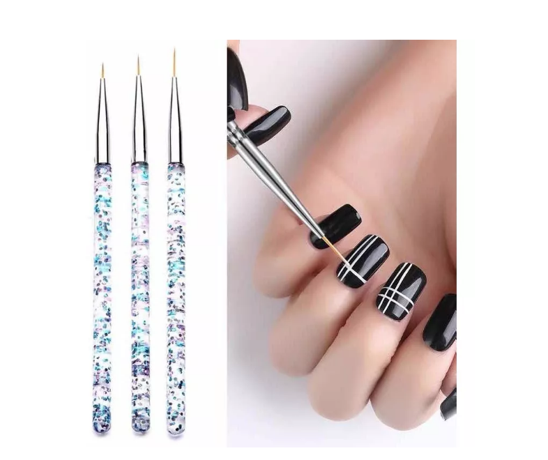 Set De 3 Pinceles Glitter Para Diseño Uñas Postizas / Naturales